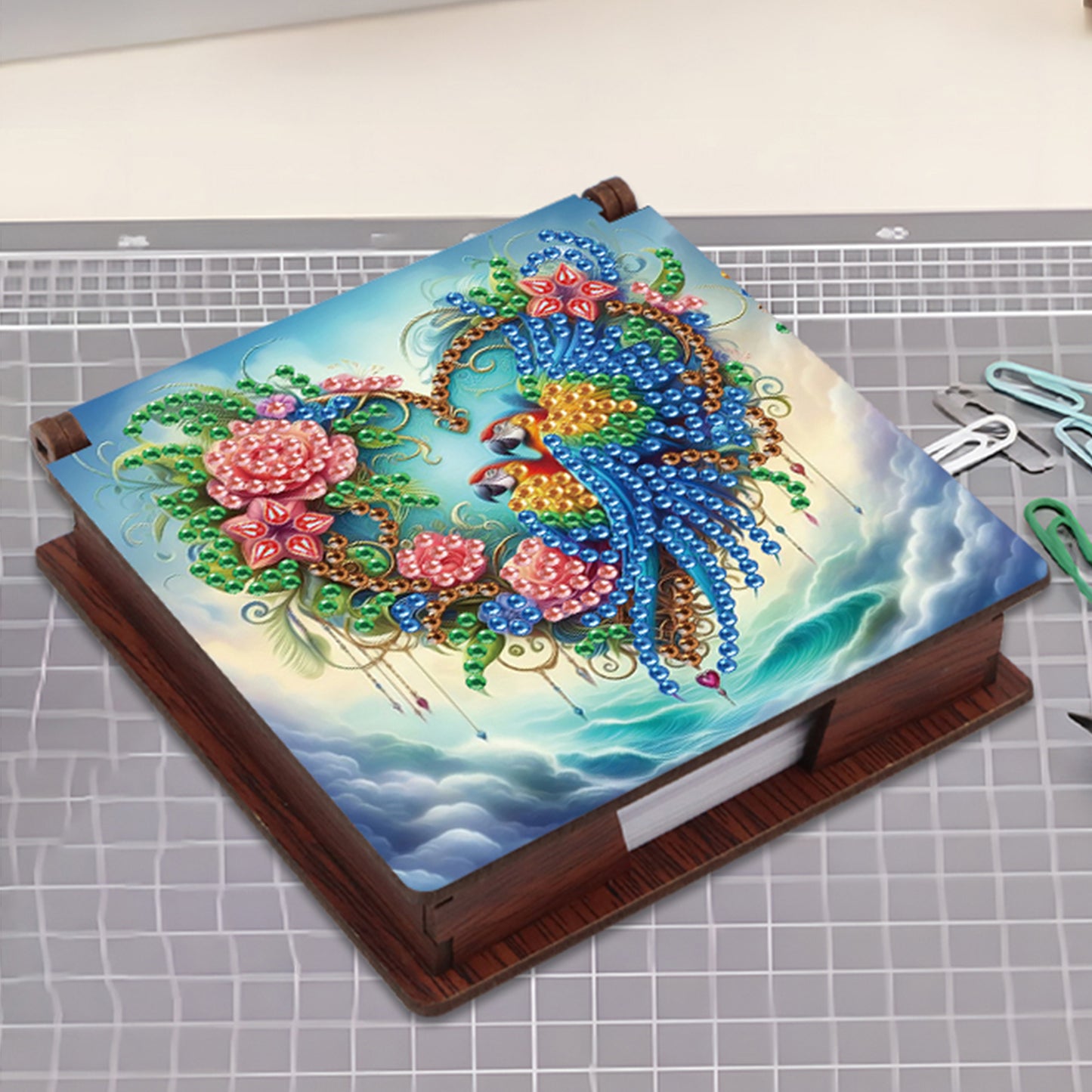 Wooden DIY Flower Parrot Diamond Painting Kit Note Box with 160 Papers Gifts