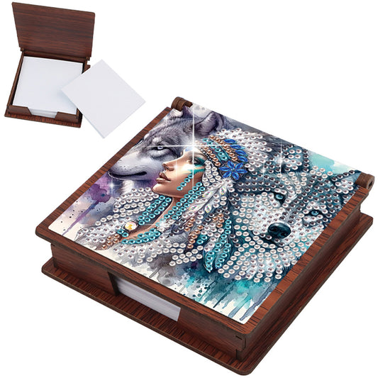 Wooden DIY Indian Wolf Diamond Painting Kit Note Box with 160 Papers for Office
