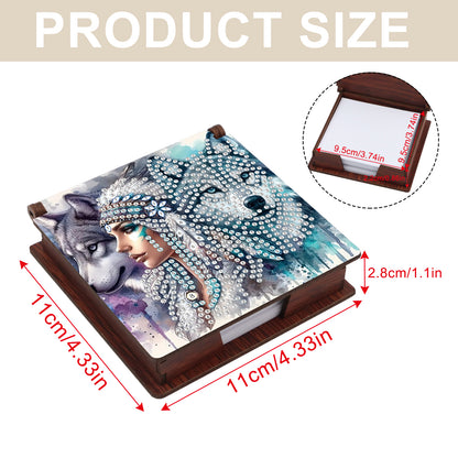 Wooden DIY Indian Wolf Diamond Painting Kit Note Box with 160 Papers for Office