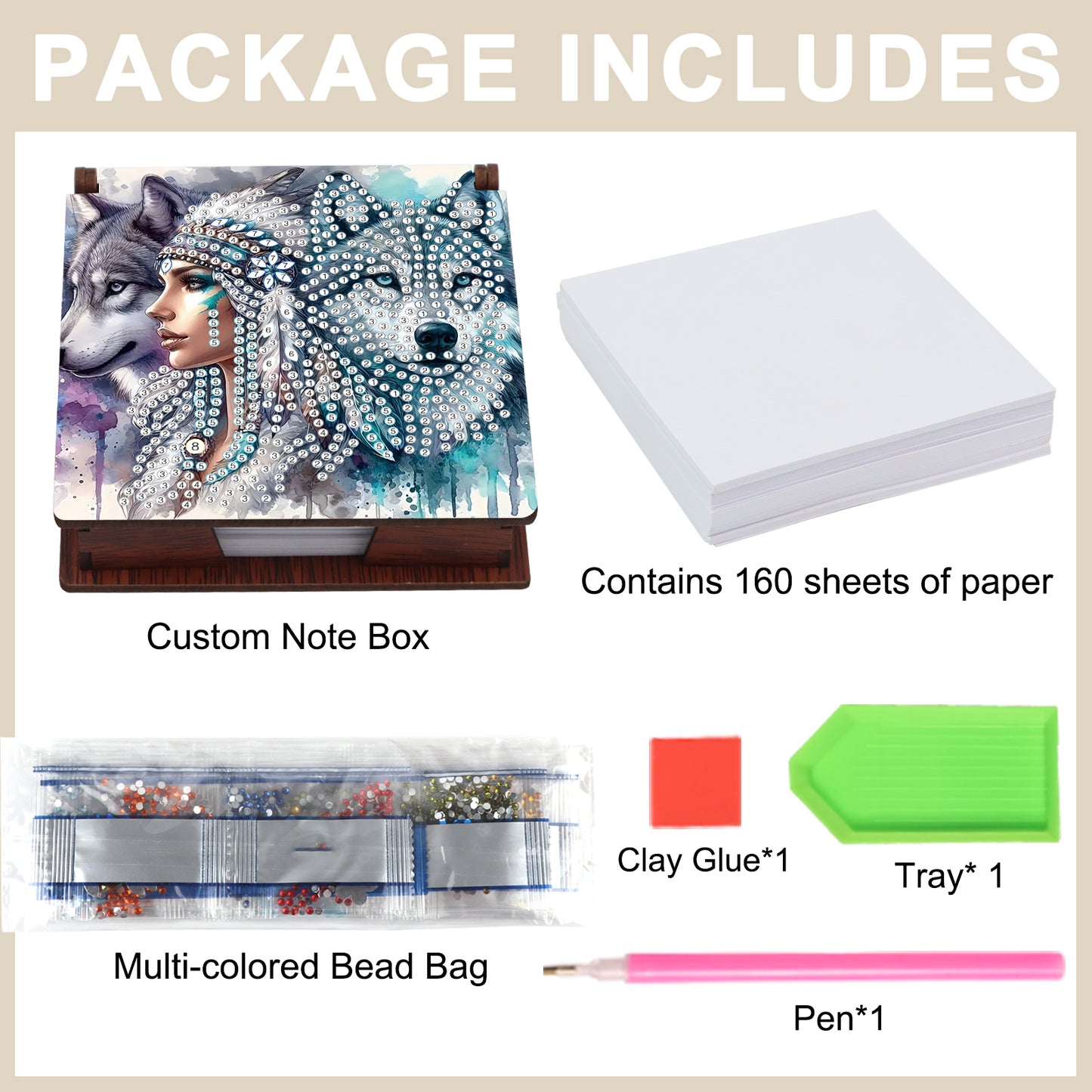 Wooden DIY Indian Wolf Diamond Painting Kit Note Box with 160 Papers for Office