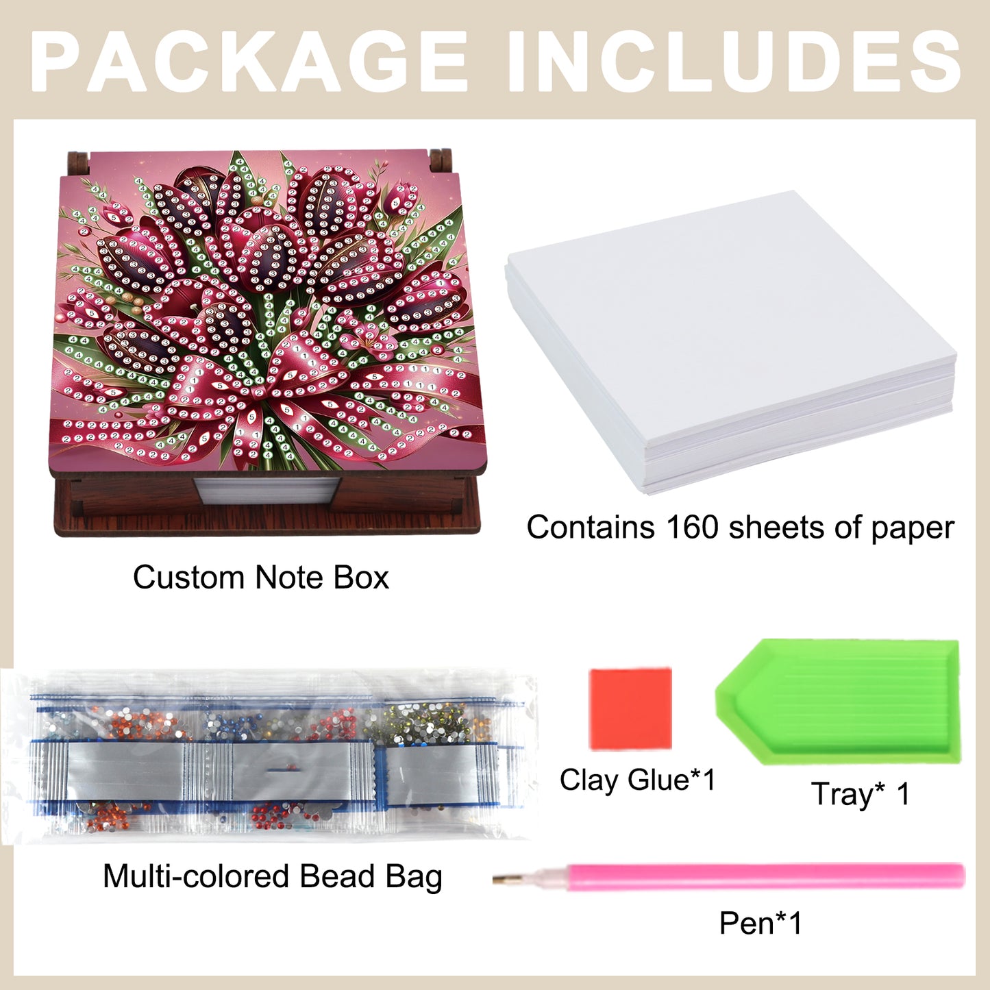 Wooden DIY Tulip Bouquet Diamond Painting Kit Note Box with 160 Papers Gifts