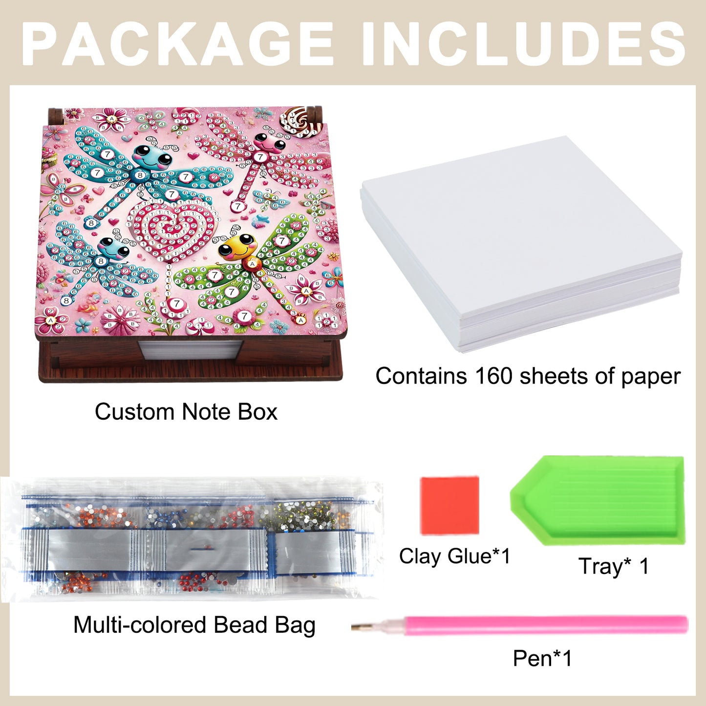 Wooden DIY Dragonfly Diamond Painting Kit Note Box with 160 Papers for Office