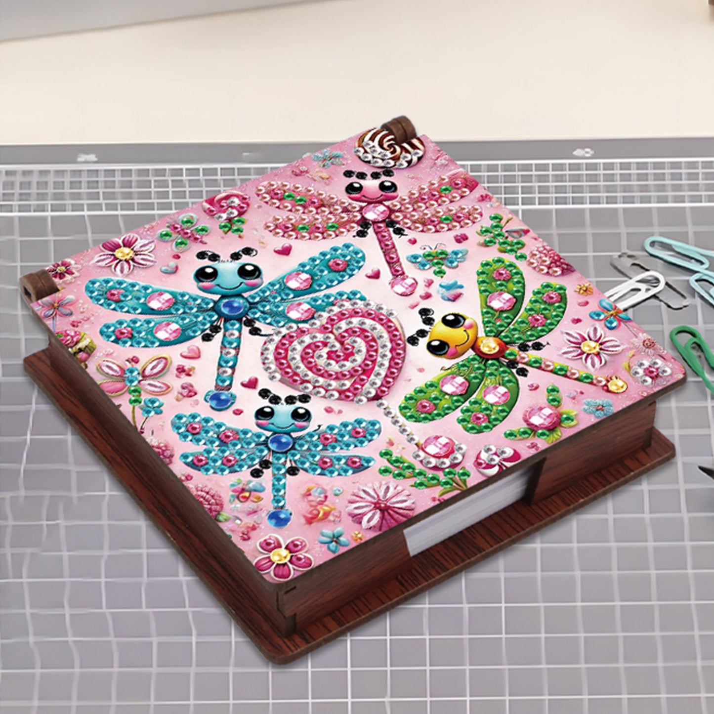 Wooden DIY Dragonfly Diamond Painting Kit Note Box with 160 Papers for Office
