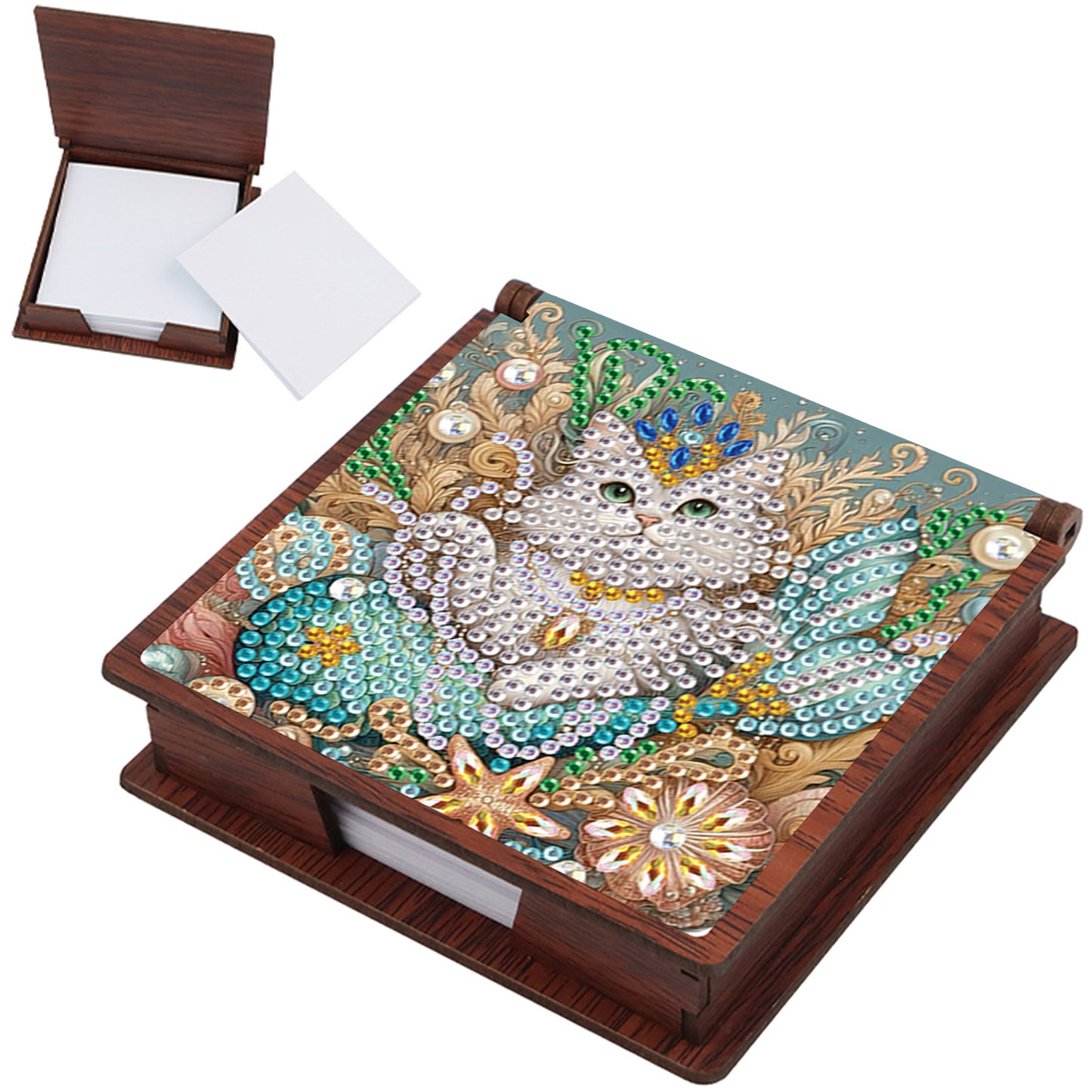 Wooden DIY White Cat Diamond Painting Kit Note Box with 160 Papers for Office