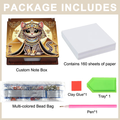 Wooden DIY Egyptian Cat Diamond Painting Kit Note Box with 160 Papers for Office