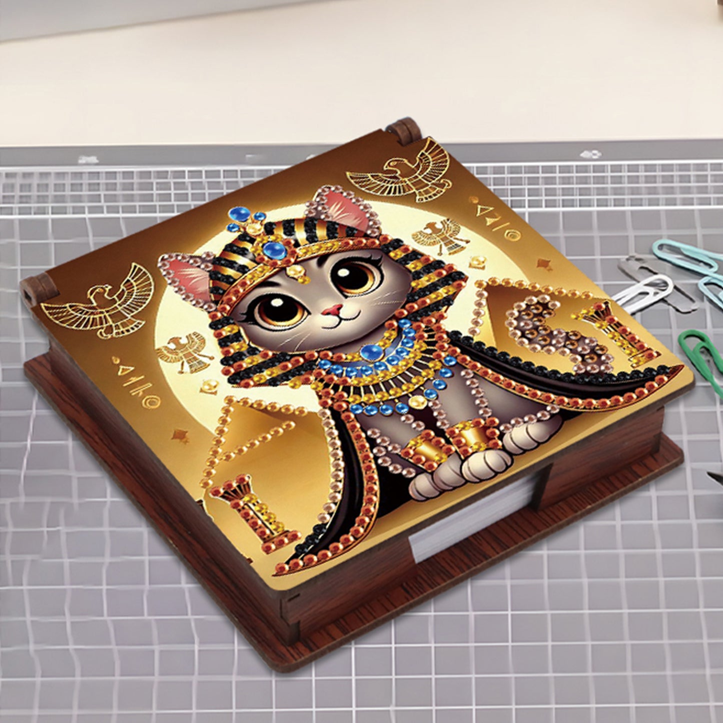 Wooden DIY Egyptian Cat Diamond Painting Kit Note Box with 160 Papers for Office