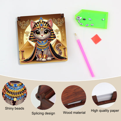 Wooden DIY Egyptian Cat Diamond Painting Kit Note Box with 160 Papers for Office
