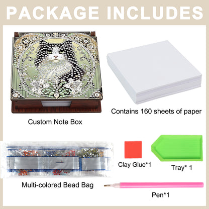 Wooden DIY Black White Cat Diamond Painting Kit Note Box with 160 Papers Gifts