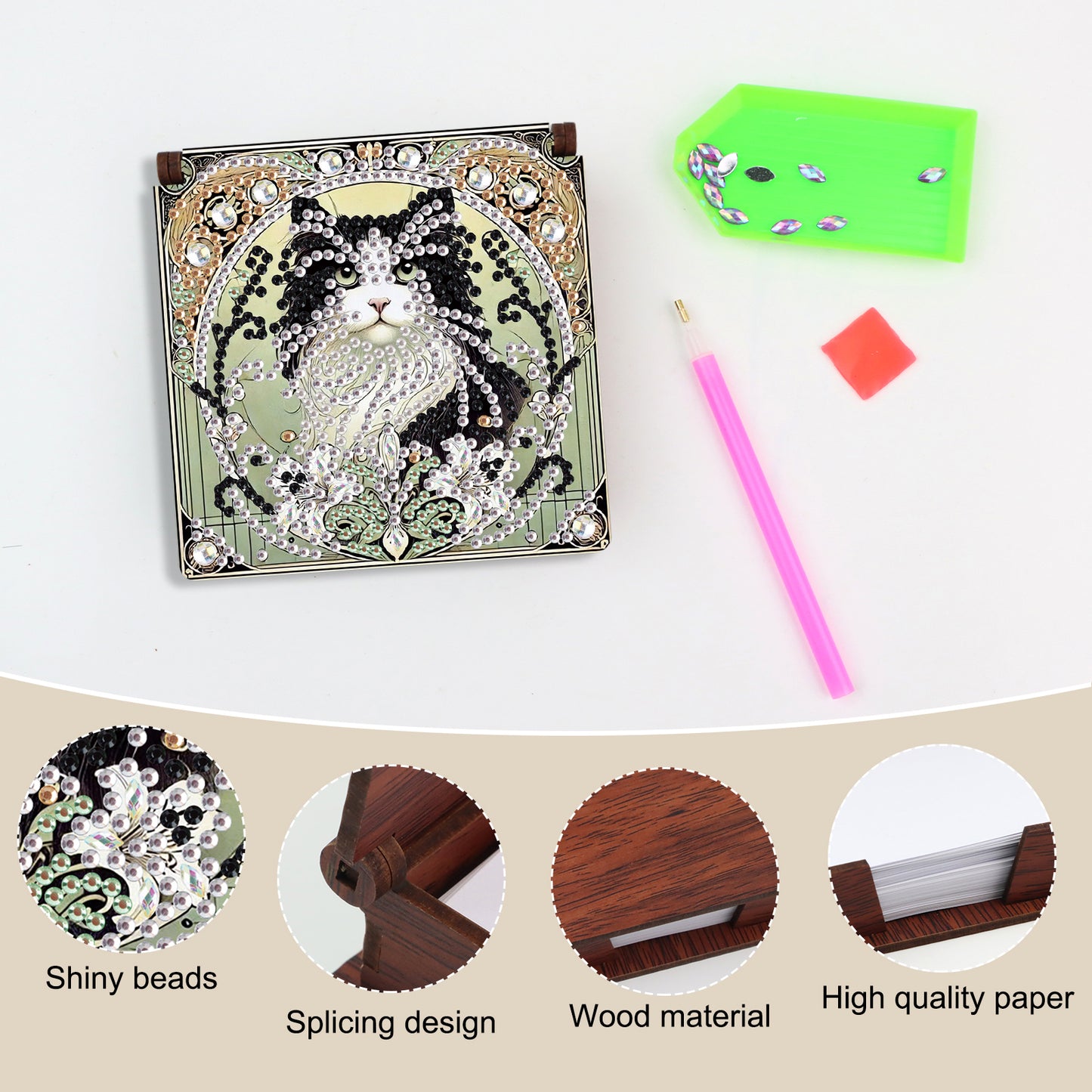 Wooden DIY Black White Cat Diamond Painting Kit Note Box with 160 Papers Gifts