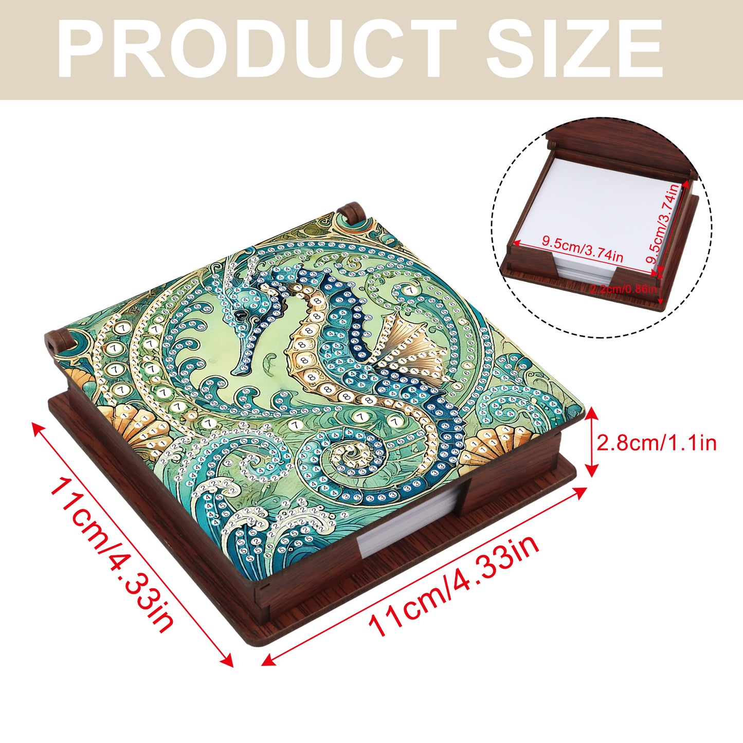 Wooden DIY Seahorse Diamond Painting Kit Note Box with 160 Papers for Office