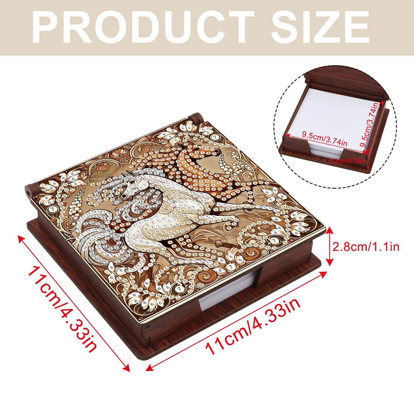 Wooden DIY Horse Diamond Painting Kit Note Box with 160 Papers for Office Desk