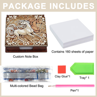 Wooden DIY Horse Diamond Painting Kit Note Box with 160 Papers for Office Desk