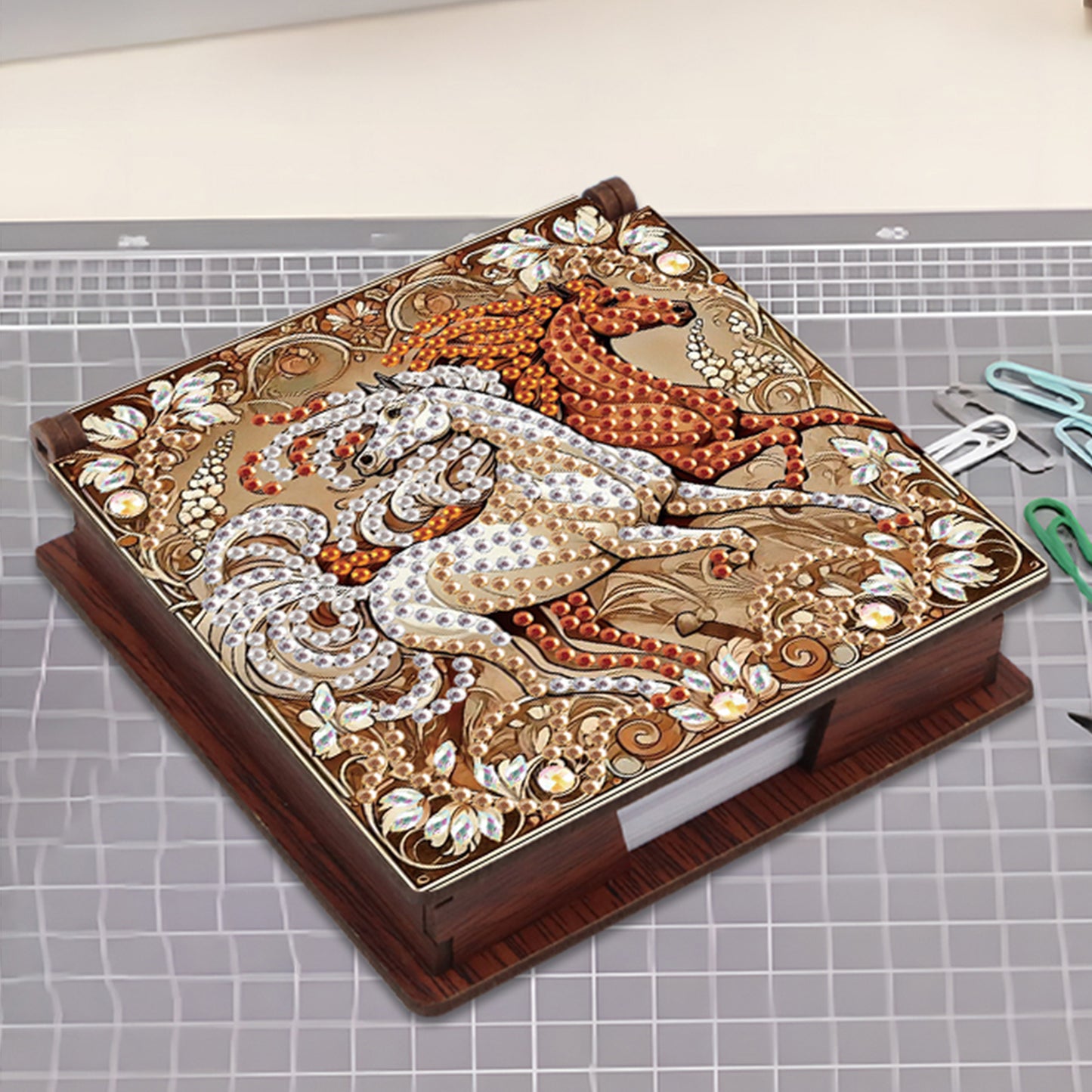 Wooden DIY Horse Diamond Painting Kit Note Box with 160 Papers for Office Desk
