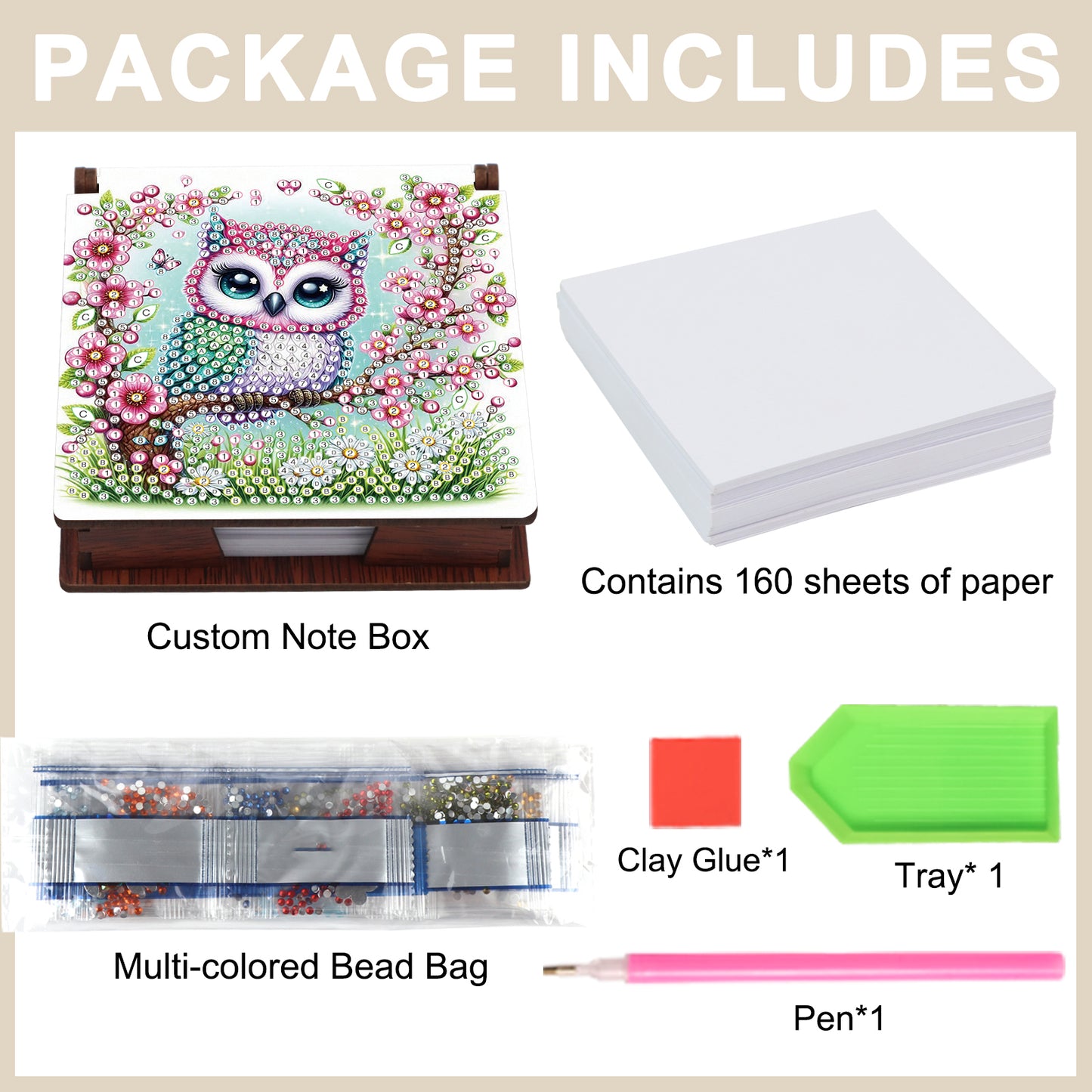 Wooden DIY Owl Diamond Painting Kit Note Box with 160 Papers for Office Desk