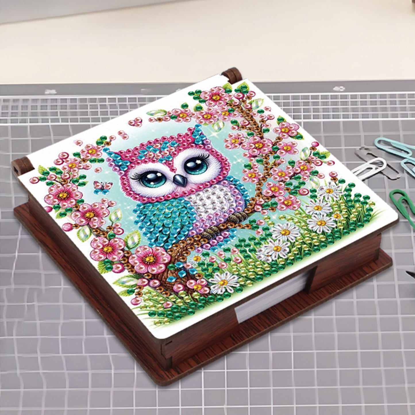 Wooden DIY Owl Diamond Painting Kit Note Box with 160 Papers for Office Desk
