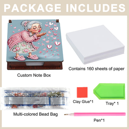 Wooden DIY Cute Old Lady Diamond Painting Kit Note Box with 160 Papers Gifts