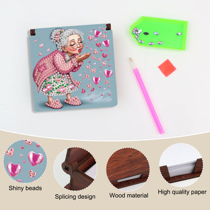 Wooden DIY Cute Old Lady Diamond Painting Kit Note Box with 160 Papers Gifts