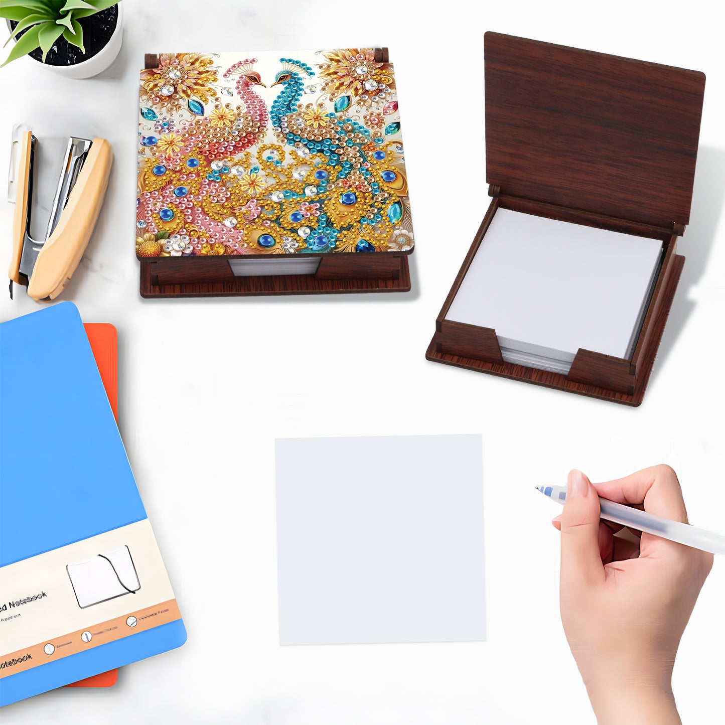 Wooden DIY Red Blue Peacock Diamond Painting Kit Note Box with 160 Papers Gifts