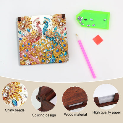 Wooden DIY Red Blue Peacock Diamond Painting Kit Note Box with 160 Papers Gifts