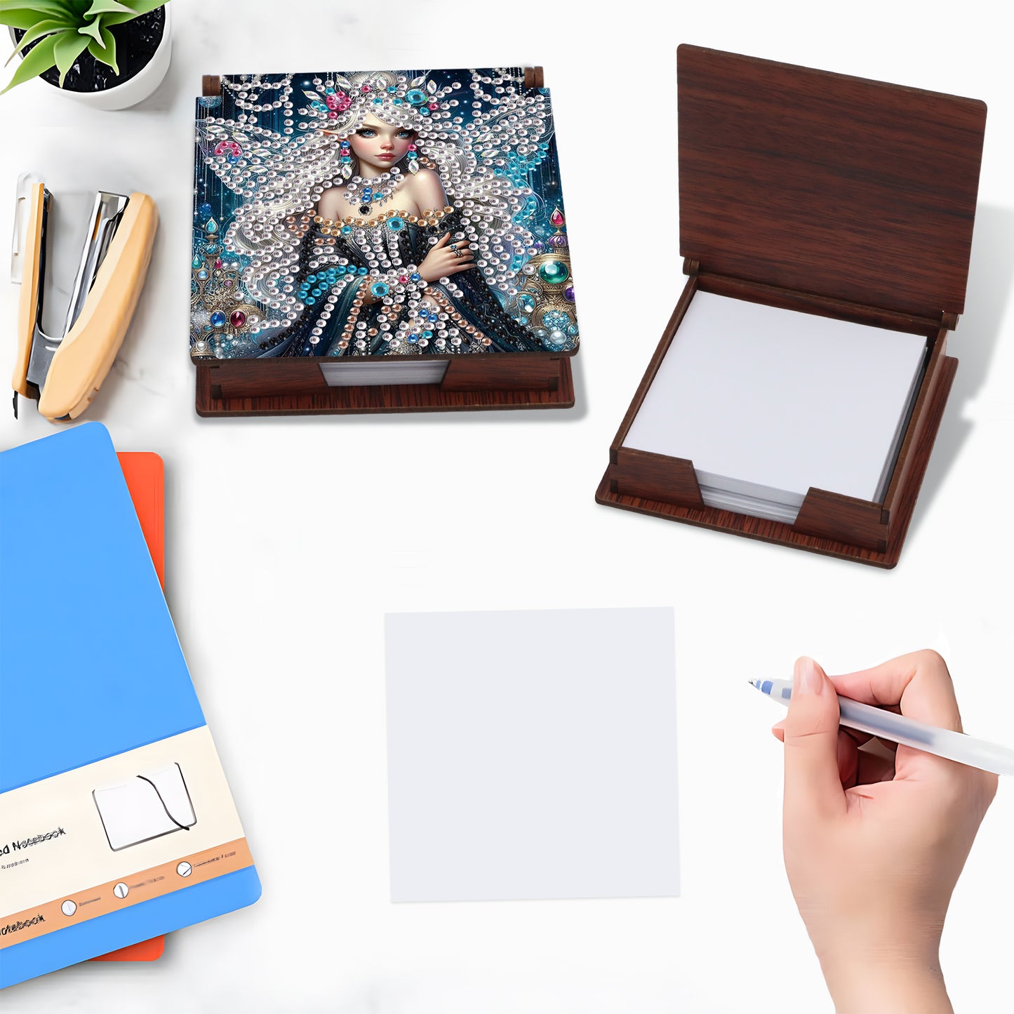 Wooden DIY Fairy Beauty Diamond Painting Kit Note Box with 160 Papers for Office