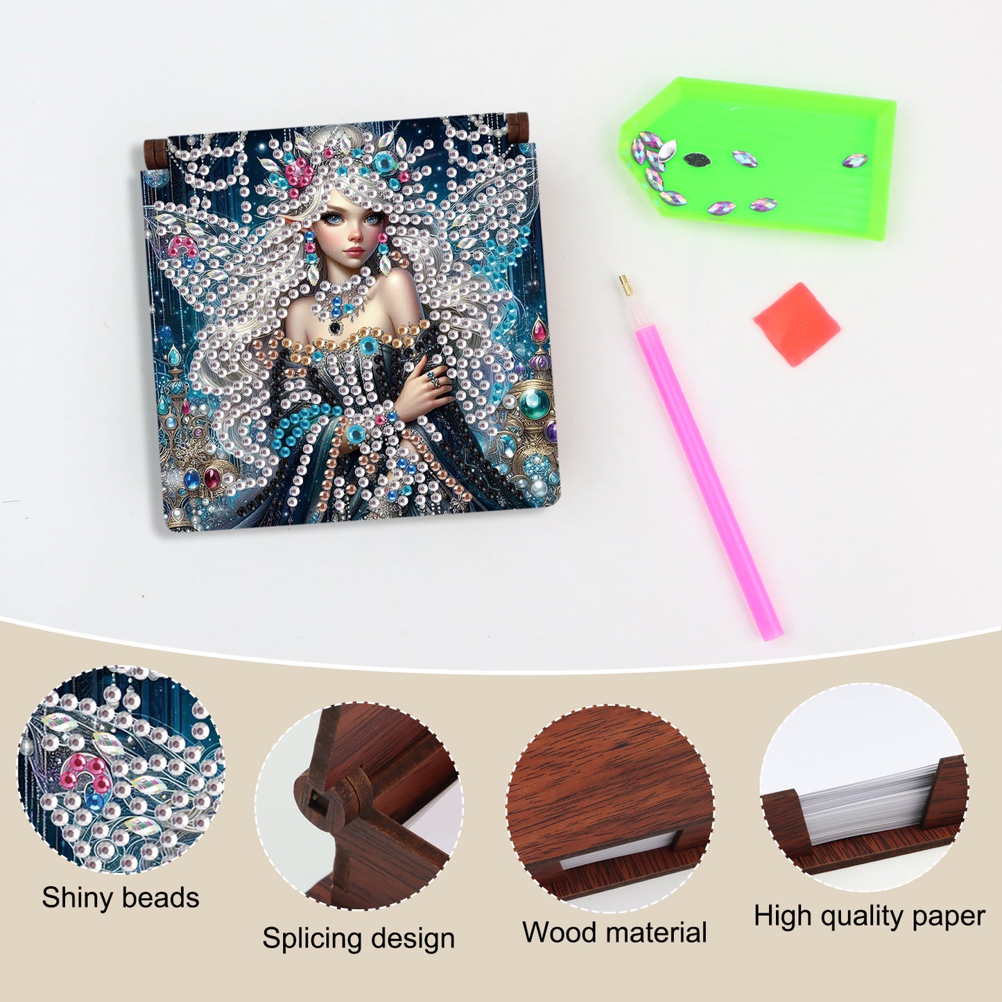 Wooden DIY Fairy Beauty Diamond Painting Kit Note Box with 160 Papers for Office