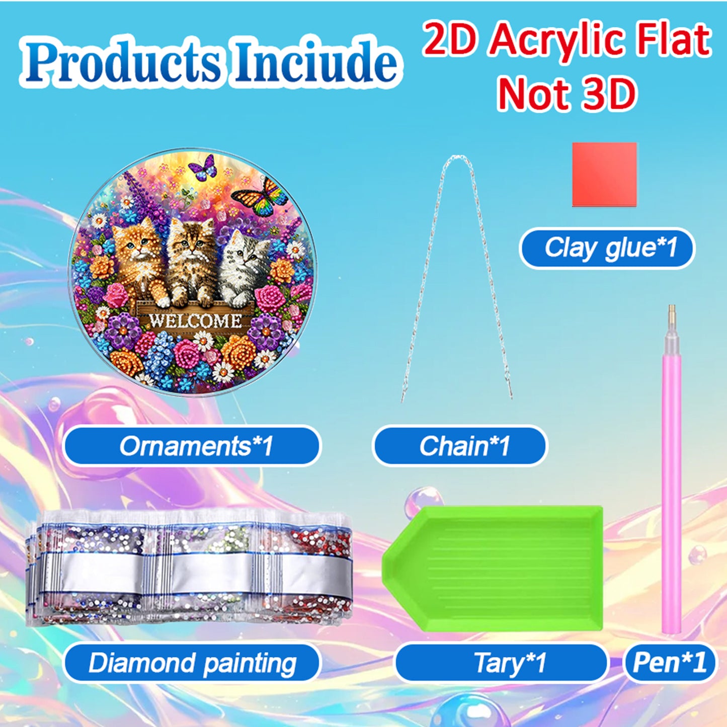 Kitty 2D Flat DIY Acrylic Diamond Painting Pendants Crafts for Home Wall Decor