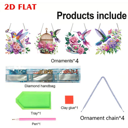 4Pcs Bird 2D Flat DIY Diamond Art Pendant Acrylic Hanging Charm Window Decor