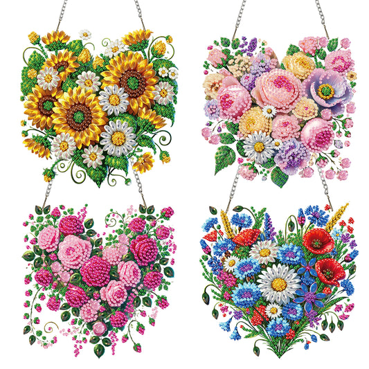 4Pcs Heart 2D Flat DIY Diamond Art Pendant Acrylic Hanging Charm Window Decor