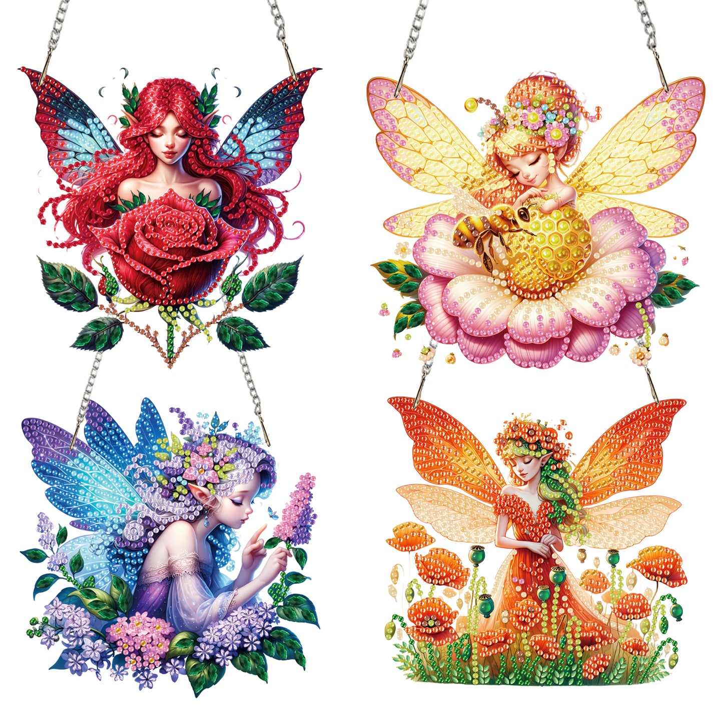 4Pcs Fairy 2D Flat DIY Diamond Art Pendant Acrylic Hanging Charm Window Decor