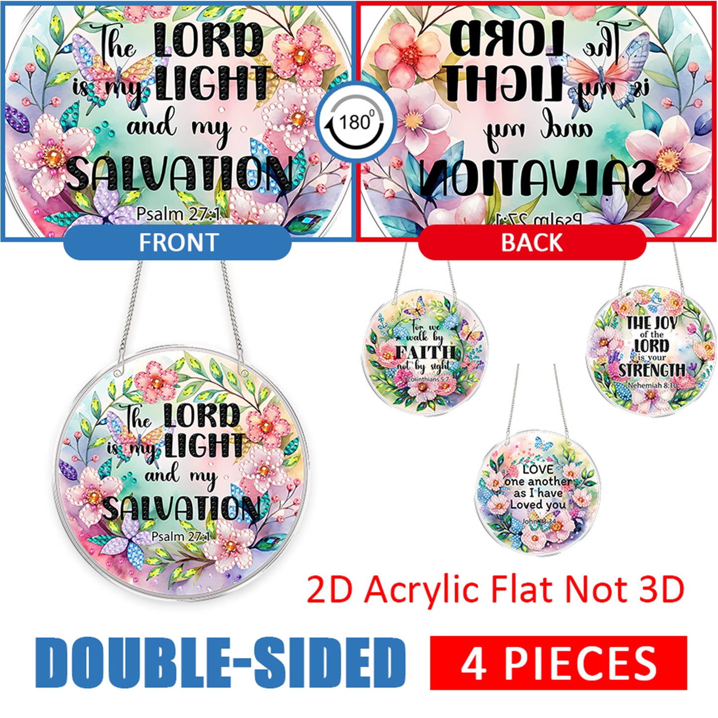 4pcs Flower Text DIY 2D Flat Acrylic Diamond Painting Kits Diamond Art Pendant