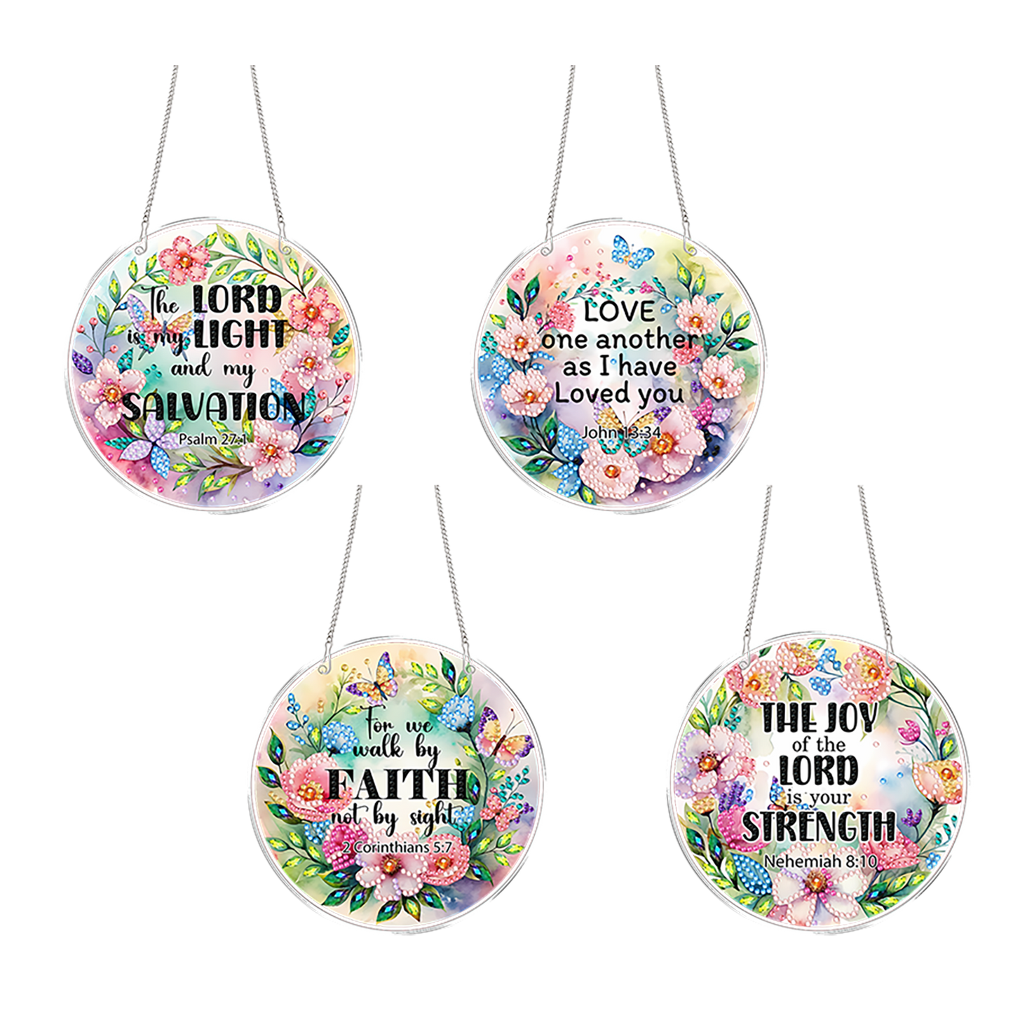 4pcs Flower Text DIY 2D Flat Acrylic Diamond Painting Kits Diamond Art Pendant