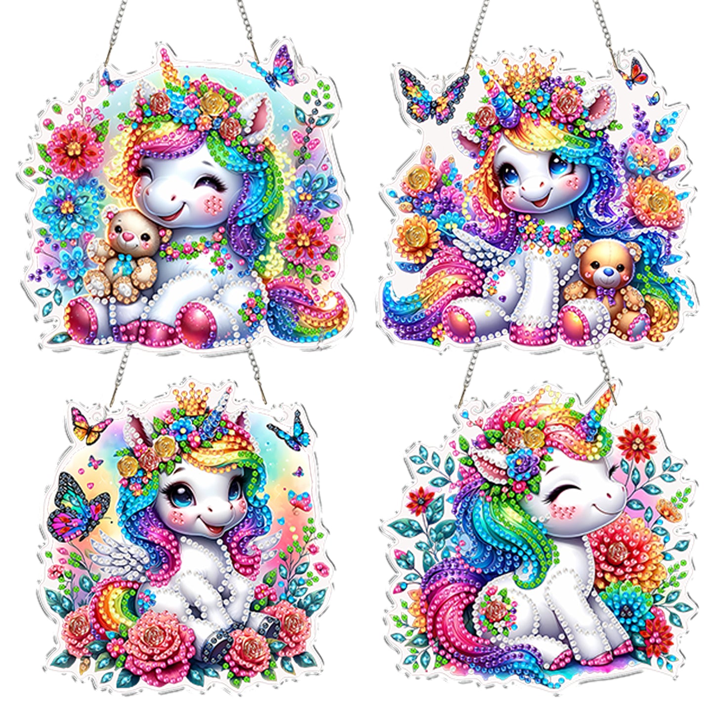 4pcs Flower Unicorn DIY 2D Flat Acrylic Diamond Painting Kit Diamond Art Pendant