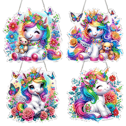 4pcs Flower Unicorn DIY 2D Flat Acrylic Diamond Painting Kit Diamond Art Pendant
