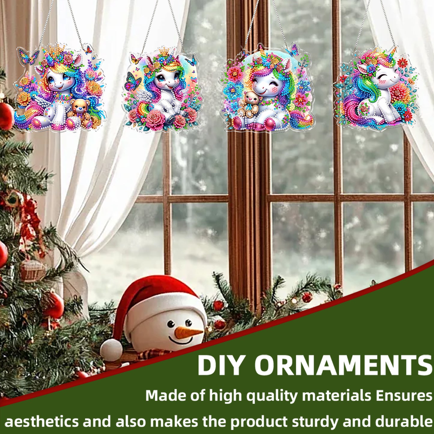 4pcs Flower Unicorn DIY 2D Flat Acrylic Diamond Painting Kit Diamond Art Pendant