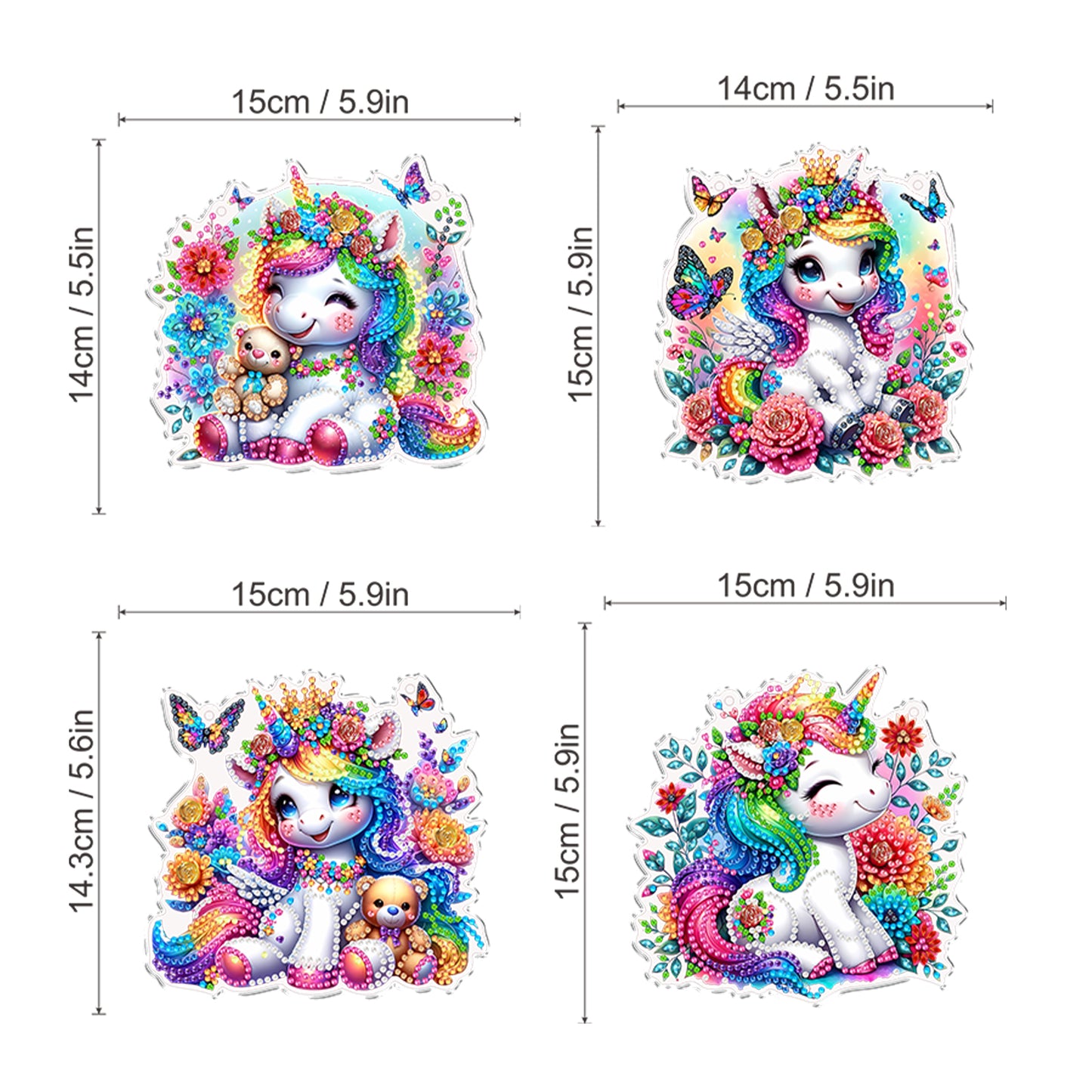 4pcs Flower Unicorn DIY 2D Flat Acrylic Diamond Painting Kit Diamond Art Pendant