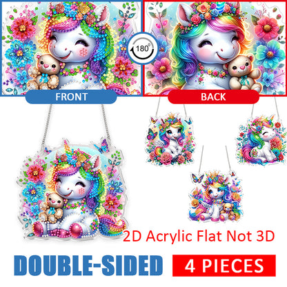 4pcs Flower Unicorn DIY 2D Flat Acrylic Diamond Painting Kit Diamond Art Pendant