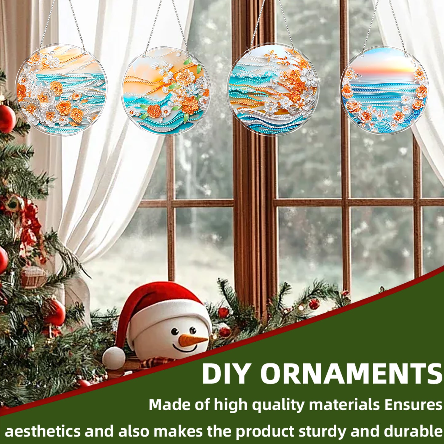 4pcs Beach Flowers DIY 2D Flat Acrylic Diamond Painting Kits Diamond Art Pendant