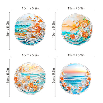 4pcs Beach Flowers DIY 2D Flat Acrylic Diamond Painting Kits Diamond Art Pendant