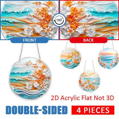 4pcs Beach Flowers DIY 2D Flat Acrylic Diamond Painting Kits Diamond Art Pendant