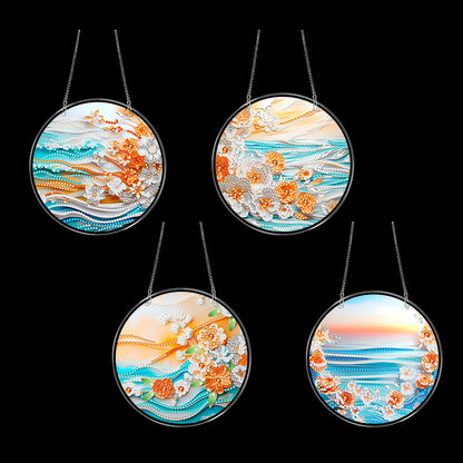 4pcs Beach Flowers DIY 2D Flat Acrylic Diamond Painting Kits Diamond Art Pendant