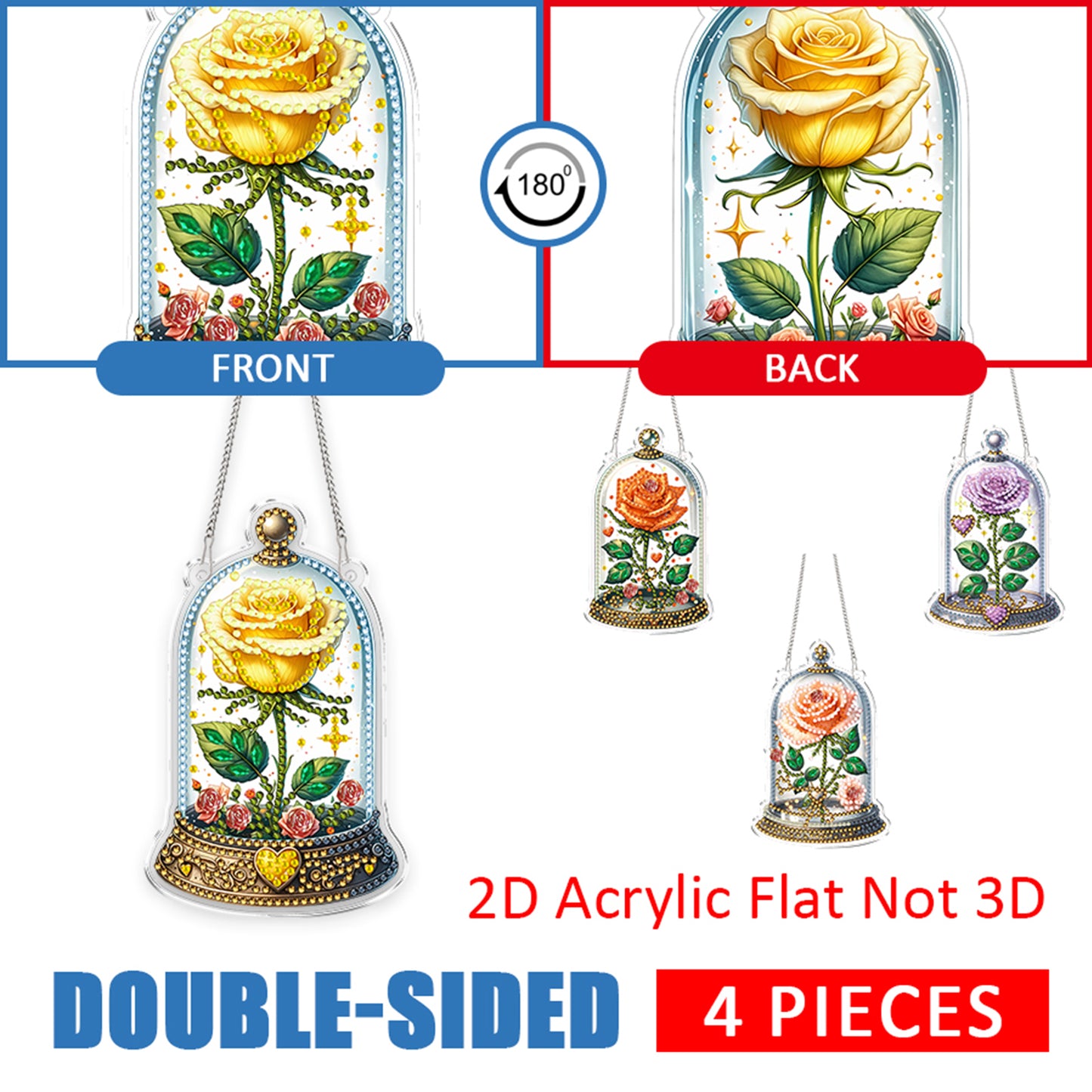 4pcs Glass Rose DIY 2D Flat Acrylic Diamond Painting Kits Diamond Art Pendant