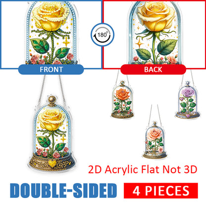 4pcs Glass Rose DIY 2D Flat Acrylic Diamond Painting Kits Diamond Art Pendant