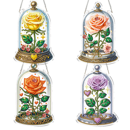 4pcs Glass Rose DIY 2D Flat Acrylic Diamond Painting Kits Diamond Art Pendant