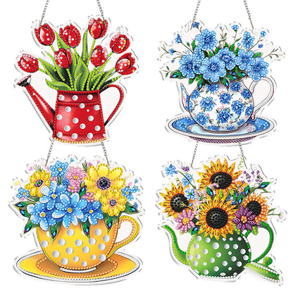 4pcs Vase 1 DIY 2D Flat Acrylic Diamond Painting Kits Diamond Art Pendant