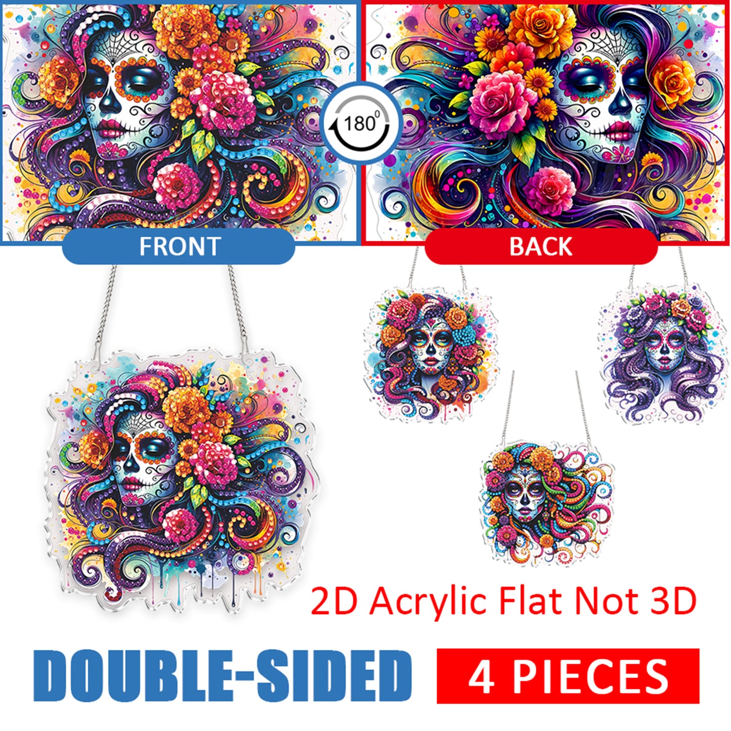 4Pcs Flower Skeleton 2D Flat DIY Special Shape Diamond Art Hanging Pendant Kit