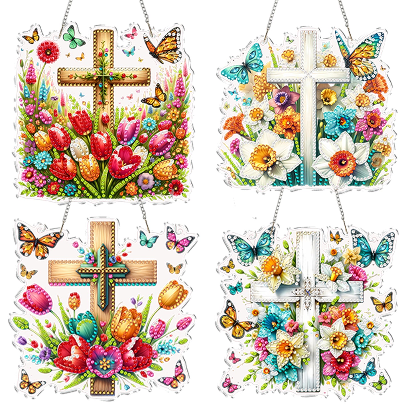 4Pcs Flower Cross 2D Flat DIY Special Shape Diamond Art Hanging Pendant Kit