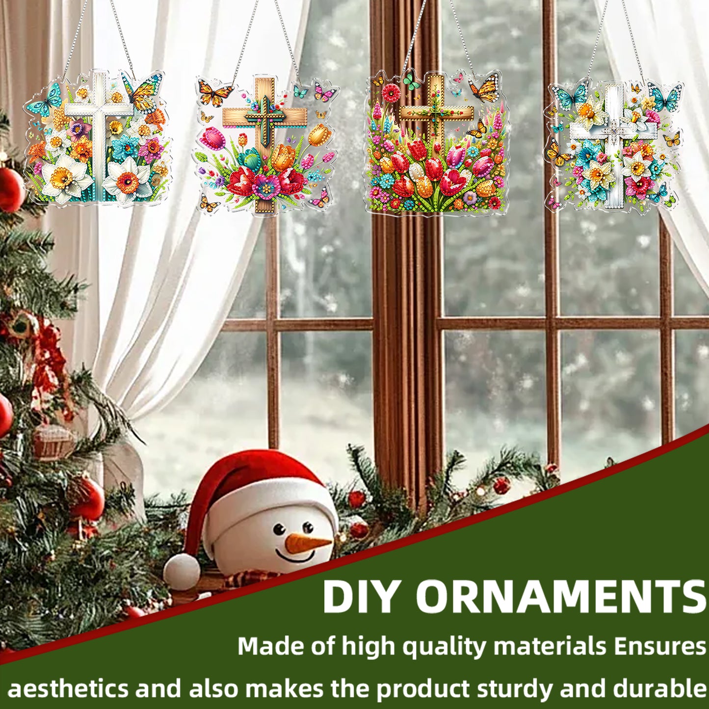 4Pcs Flower Cross 2D Flat DIY Special Shape Diamond Art Hanging Pendant Kit