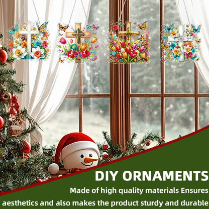 4Pcs Flower Cross 2D Flat DIY Special Shape Diamond Art Hanging Pendant Kit