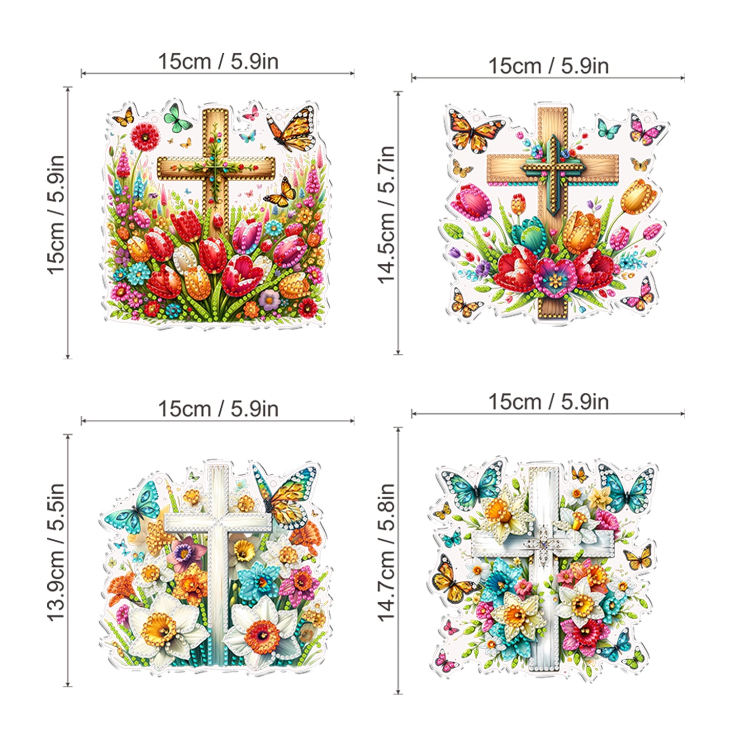 4Pcs Flower Cross 2D Flat DIY Special Shape Diamond Art Hanging Pendant Kit