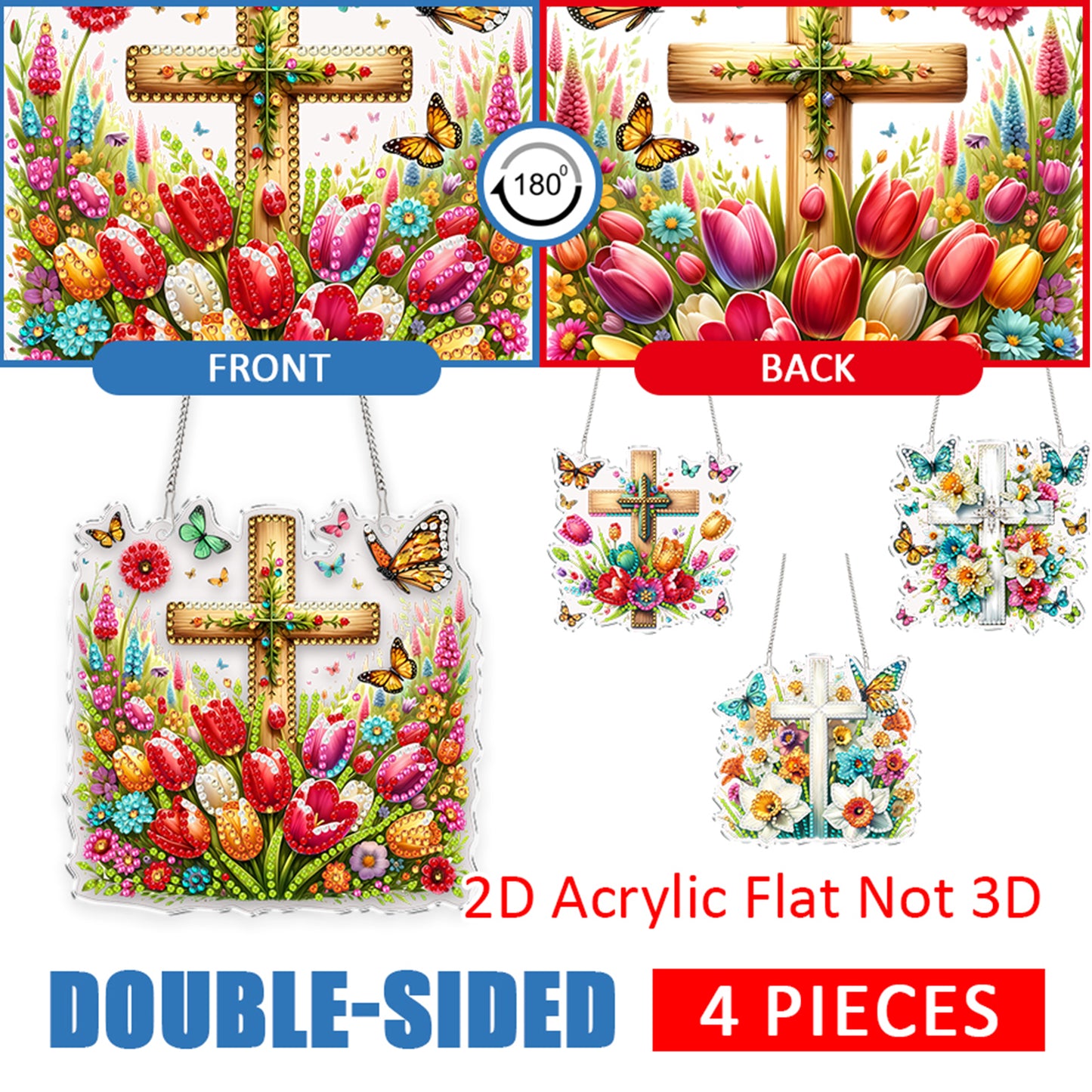 4Pcs Flower Cross 2D Flat DIY Special Shape Diamond Art Hanging Pendant Kit